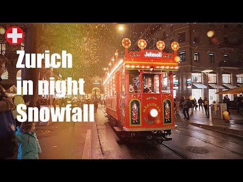 Zurique à noite, primeira queda de neve em 2023 Bahnhofstrasse Walking Tour 🇨🇭