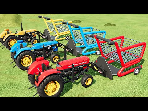 Mini Tractor of Colors! URSUS Loaders and Feeding animals with Shopping Cart! Farming Simulator 22