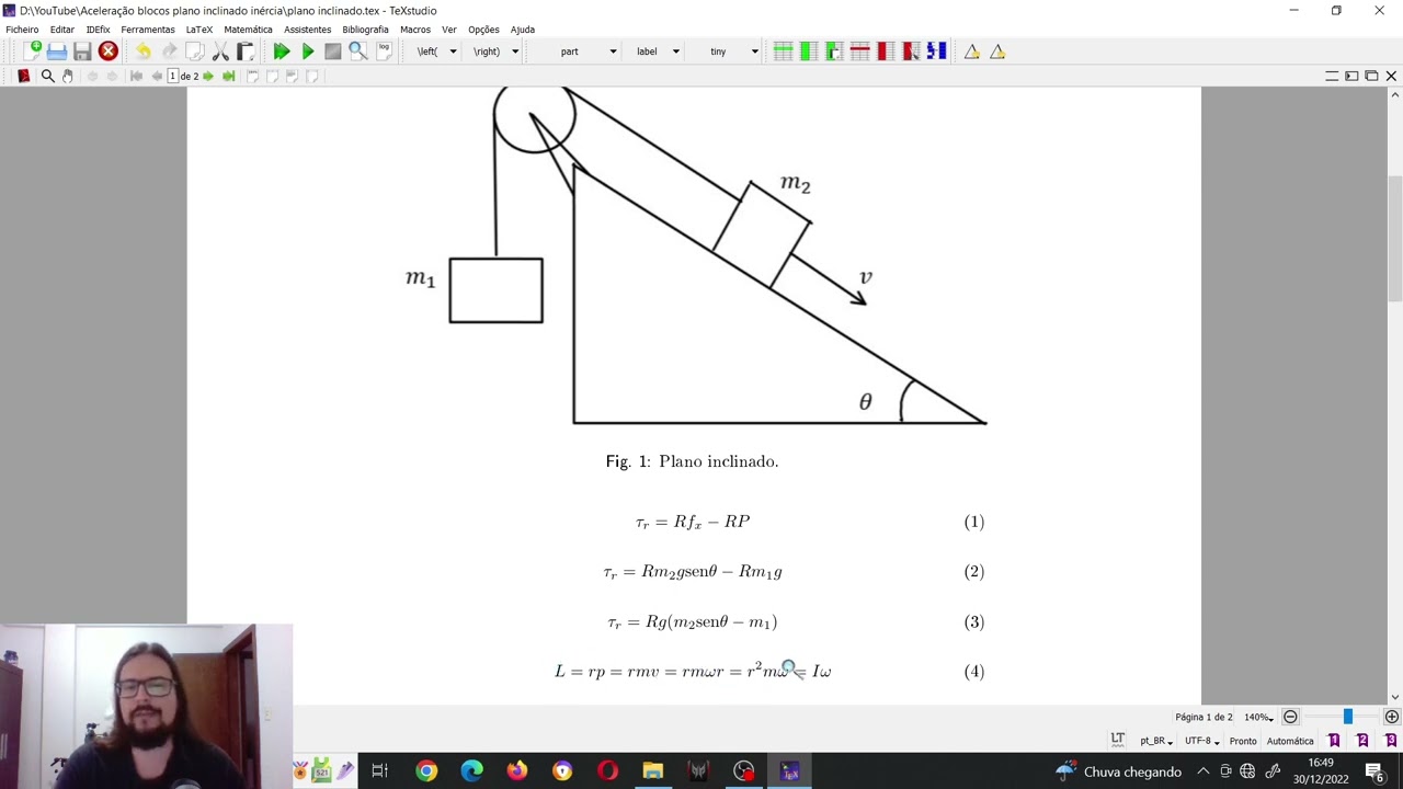 Aceleração dos blocos em um plano inclinado considerando o momento de inércia da polia