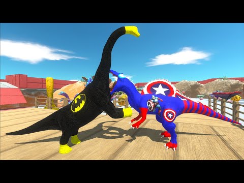 BATMAN BRACHIOSAURUS VS SPINO CAPTAIN AMERICA DEATH FALL - Animal Revolt Battle Simulator