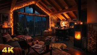 Thunderstorm Night in a Warm Wooden Loft | Fireplace & Sleeping Pets ⛈️🐾