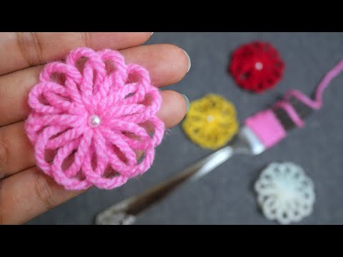 Easy Woolen Flower Making with Fork - Diy Wool Craft Ideas - How to No Crochet Flower -Yarn Flower