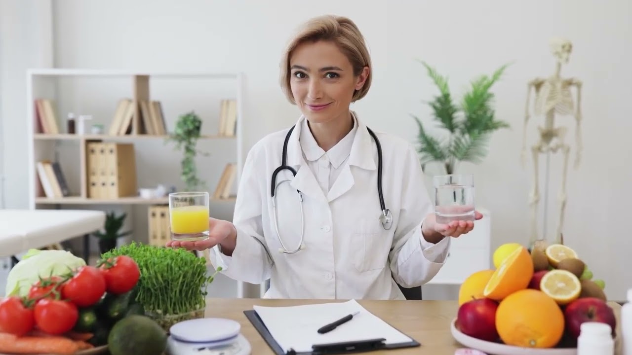Smiling female doctor in a white lab coat holding a glass of orange juice and a glass of water with fruits and vegetables in the foreground