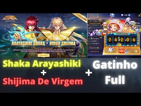 Shaka Arayashiki e Shijima De Virgem Banner duplo + Gatinho Da Fortuna Full!!Saint Seiya Awakening!!