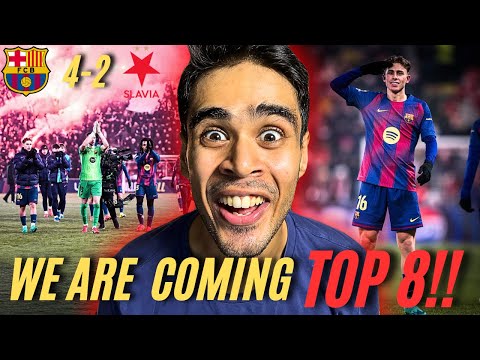 Can Barca make it to UCL top 8 after crazy 4-2 win vs Slavia Praha. Olmo, Fermin, Lewandowski score.