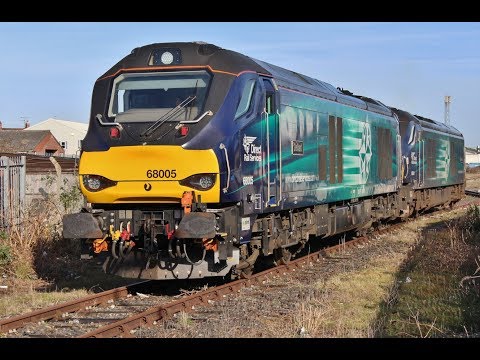68001 "Evolution" and 68005 "Defiant" departs Bridgwater with 6M63 on 16th February 2018