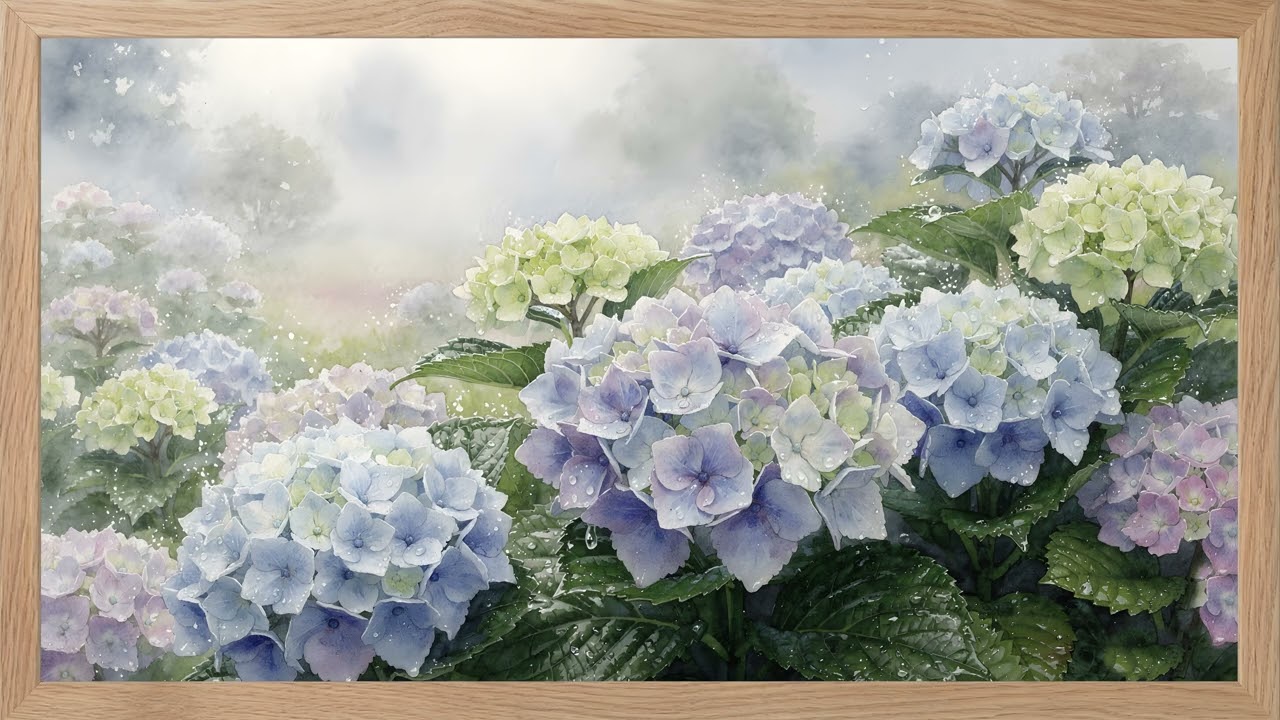 Hydrangea Garden Watercolor 🌿 4K Frame TV Art in Wood Frame | Relaxing Floral Ambience — 4K ambient art screensaver in baroque gold frame