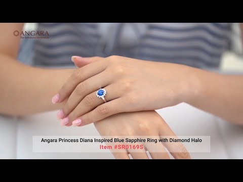 Princess Diana Inspired Blue Sapphire Ring with Diamond Halo by Angara Jewelry