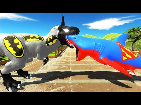 BATMAN T REX vs SUPERMAN SHARK DEATH RUN - Animal Revolt Battle Simulator