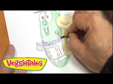 Close-up of a hand coloring a green VeggieTales character on a coloring sheet with a pencil; VeggieTales logo in the lower-left corner.