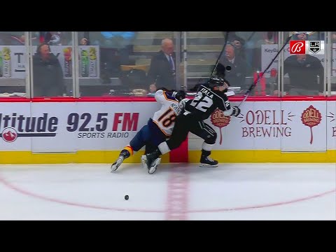 Kevin Fiala goes to the box for boarding after a hit on Alex Newhook.