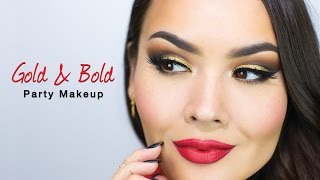 "Gold Glitter + Bold Lips" Party Makeup