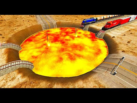 Trains vs Giant Lava Crater  BeamNG.Drive