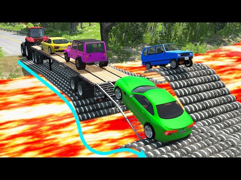 Tractor Transporter Cars Rescue - Cars vs 2 Speed Bumps Bridge and Lava River - Beamng Drive