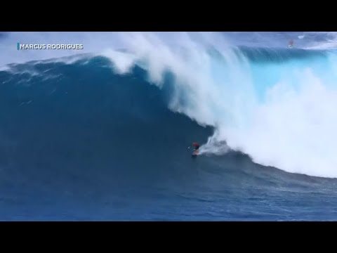 The youngest person ever to surf Jaws drops in on another ‘gnarly’ wave