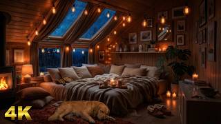 Rainy Night in a Wooden Loft: Warm Fireplace, Sleeping Golden Retriever & Cat