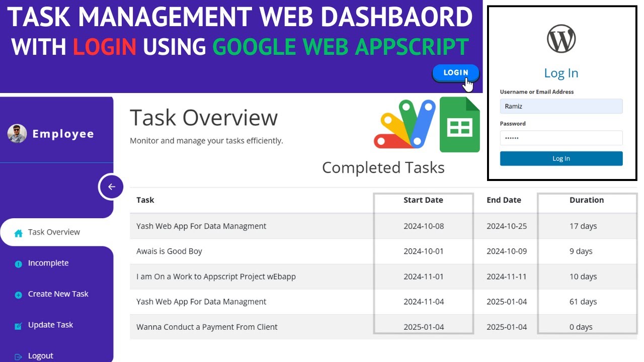 How to Build Task Management Dashboard with Login & Logout Using Google Sheets & Apps Script | C28