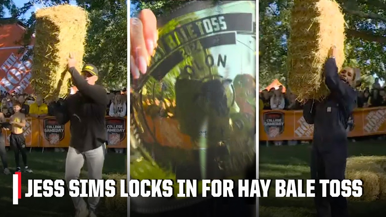 Former Iowa Hawkeye Matt Kroul has Jess Sims attempt the Hay Bale Toss 💪 | College GameDay