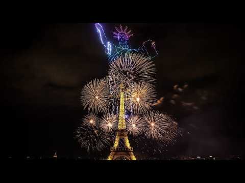 Video Thumbnail: Spectacular drones and fireworks illuminate Eiffel Tower ahead of Bastille Day