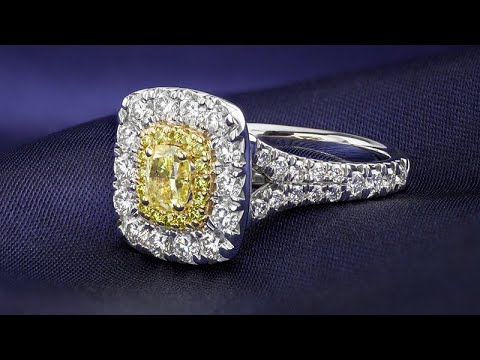 Luxurious Split Shank Engagement Ring with Double Halo and Yellow Diamonds