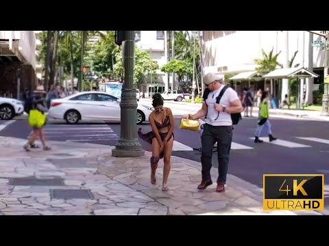 [4K] Havaí | Passeio virtual a pé pela praia de Waikiki - Dia extremamente ventoso Espere! 💨💨