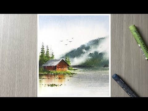 Misty morning scenery - oil pastel