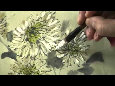 Painting White Aster and Red Hibiscus on Antique Xuan Rice Paper