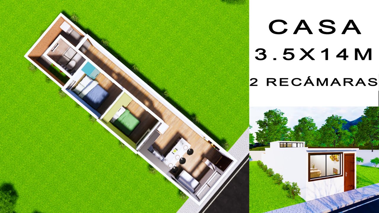 Plano de casa 3.5x14 metros con 2 recamaras | Desain rumah 3.5x14 | House design 3.5x14