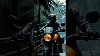 atmosphere pervades a papier-mâché depiction of a motorcyclist on a high wooden bridge over a jungle