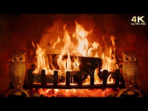4K Burning Fireplace with Owl Andirons 🔥 Relaxing Fireplace Sounds
