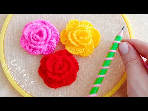 Amazing Woolen Rose Making Ideas with Pencil - Hand Embroidery Easy Trick - DIY Woolen Flowers
