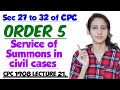 ORDER 5 OF CPC | SERVICE OF SUMMONS IN CIVIL CASES | Section 27 to 32 of CPC | CPC 1908 LECTURE 21,