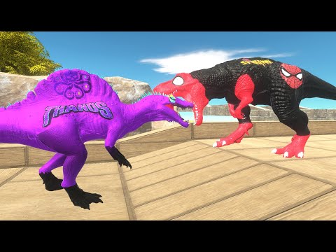 BLACK SPIDERMAN T REX vs THANOS SPINOSAURUS OASSIS DEATH CLIMB - Animal Revolt Battle Simulator