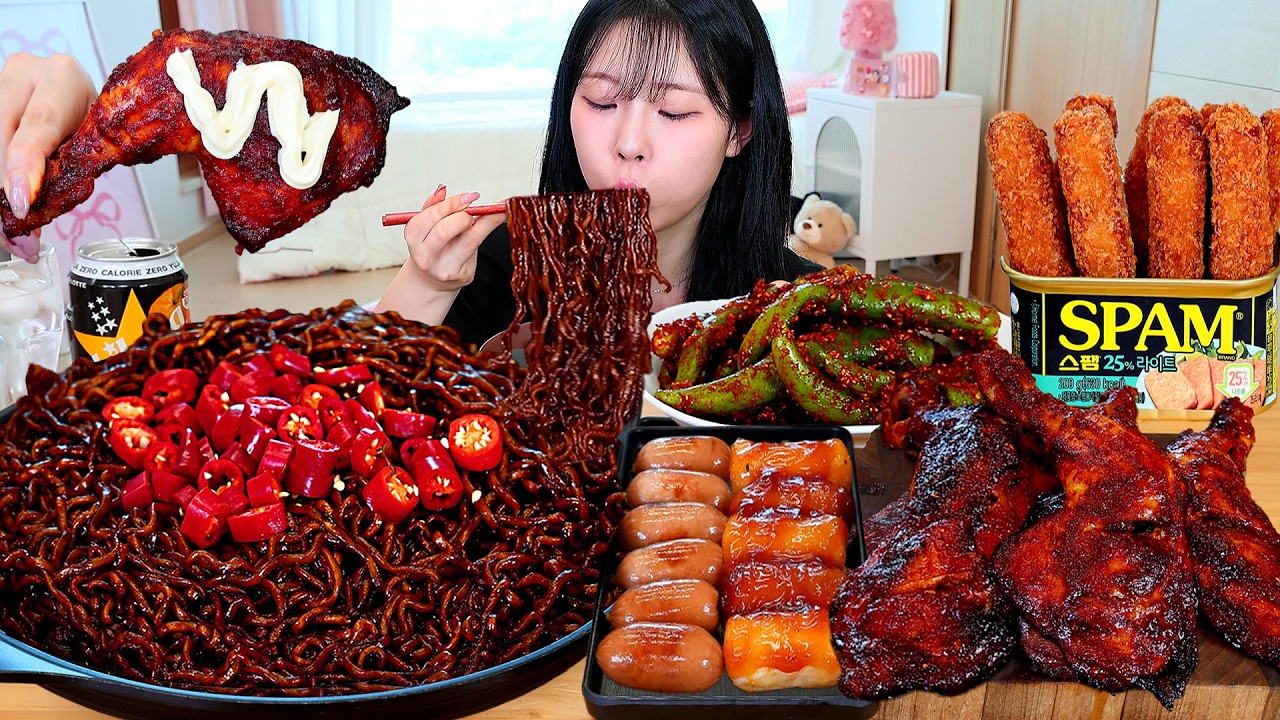ASMR MUKBANG| 직접 만든 짜파게티 자메이카 양념치킨 스팸튀김 소세지 먹방 & 레시피 FRIED CHICKEN AND BLACK BEAN NO