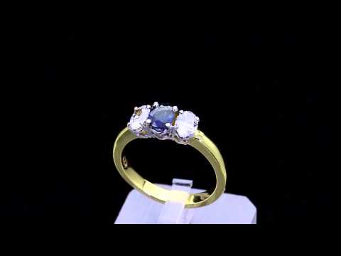0006-5500  OVAL CUT BLUE SAPPHIRE AND OVAL CUT DIAMOND THREE STONE RING IN YELLOW GOLD