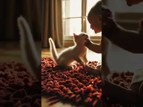 The First Friendship : Infant & Kitten Play  In  Golden Sunlight.  #cinematicai  #babyandkitten