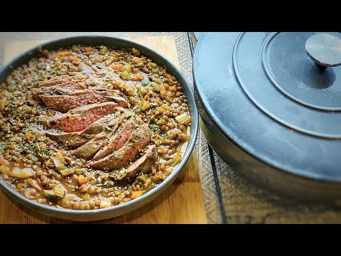 Lentils with vegetables and duck breast