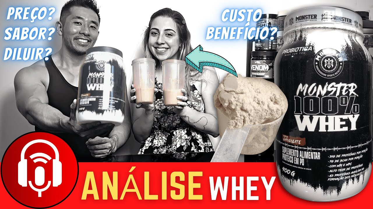 Miniatura da avaliação em vídeo de Suplemento 100% Whey Monster 900g Cookies Probiótica