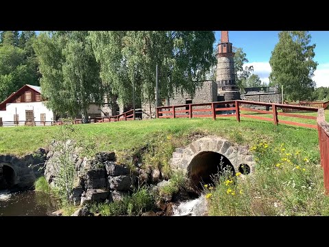 Sweden through the window: Galtströms bruk. Countryside and early industrial window view from car.