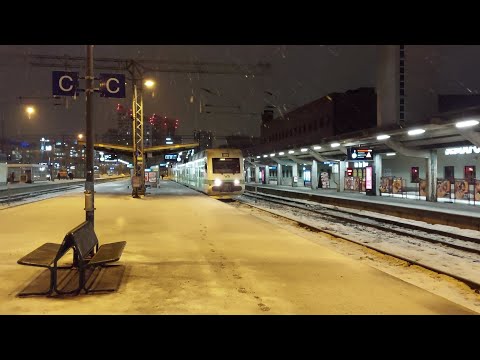 Tampere Finland railway station walking tour [FHD] Snowing, 2°C