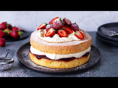 Traditional Vanilla Sponge Cake with Jam, Strawberries and Cream