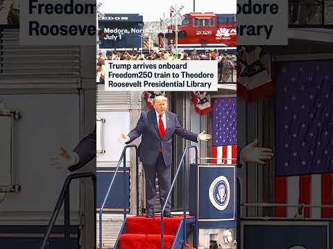 Trump arrives onboard Freedom250 train to Theodore Roosevelt Presidential Library