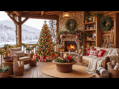 Warm Christmas Ambience in Cozy Winter Porch 🎅 Instrumental Christmas Music & Fireplace for Relax