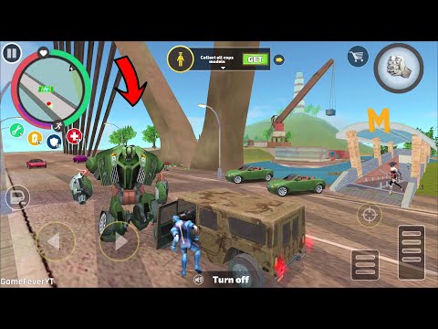 Rope Hero Vice Town (Rope Hero Fight 2x Car Robot on Bridge) Red Laser Destroy Car Robot and Tanks