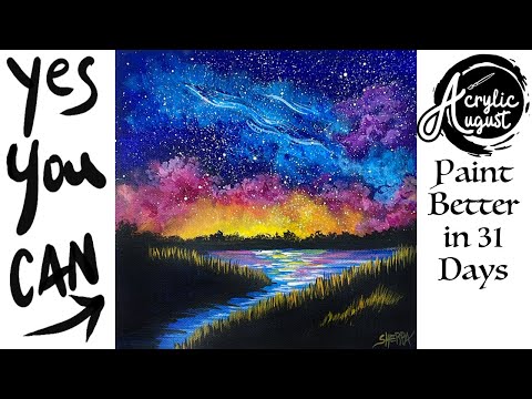 Galaxy Starry Night Landscape 🌟🎨 How to Draw & Paint tutorial for Beginners: Acrylic August | Day 5