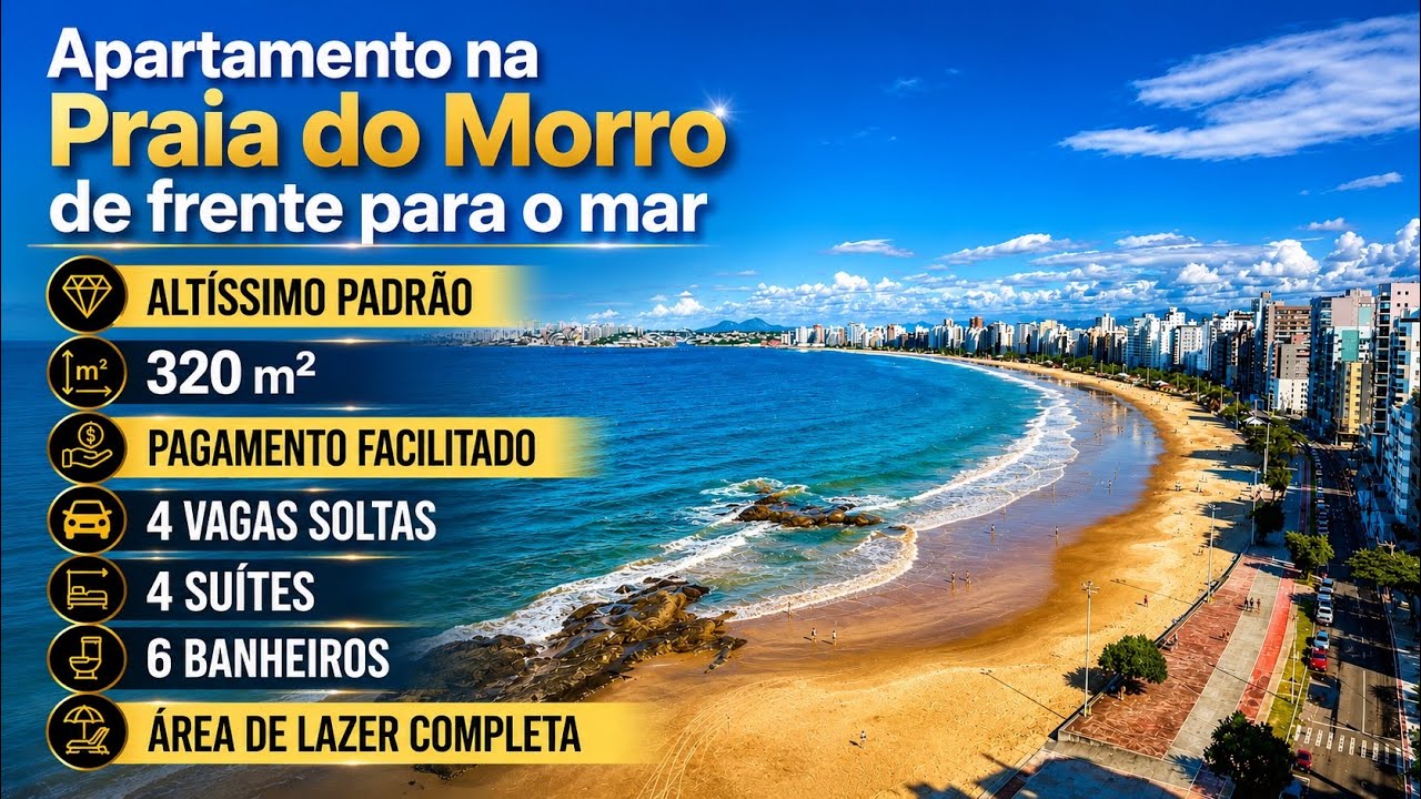 Apto Praia do Morro frente para o mar com 4 suítes, 4 vagas, 6 banheiros e área de lazer