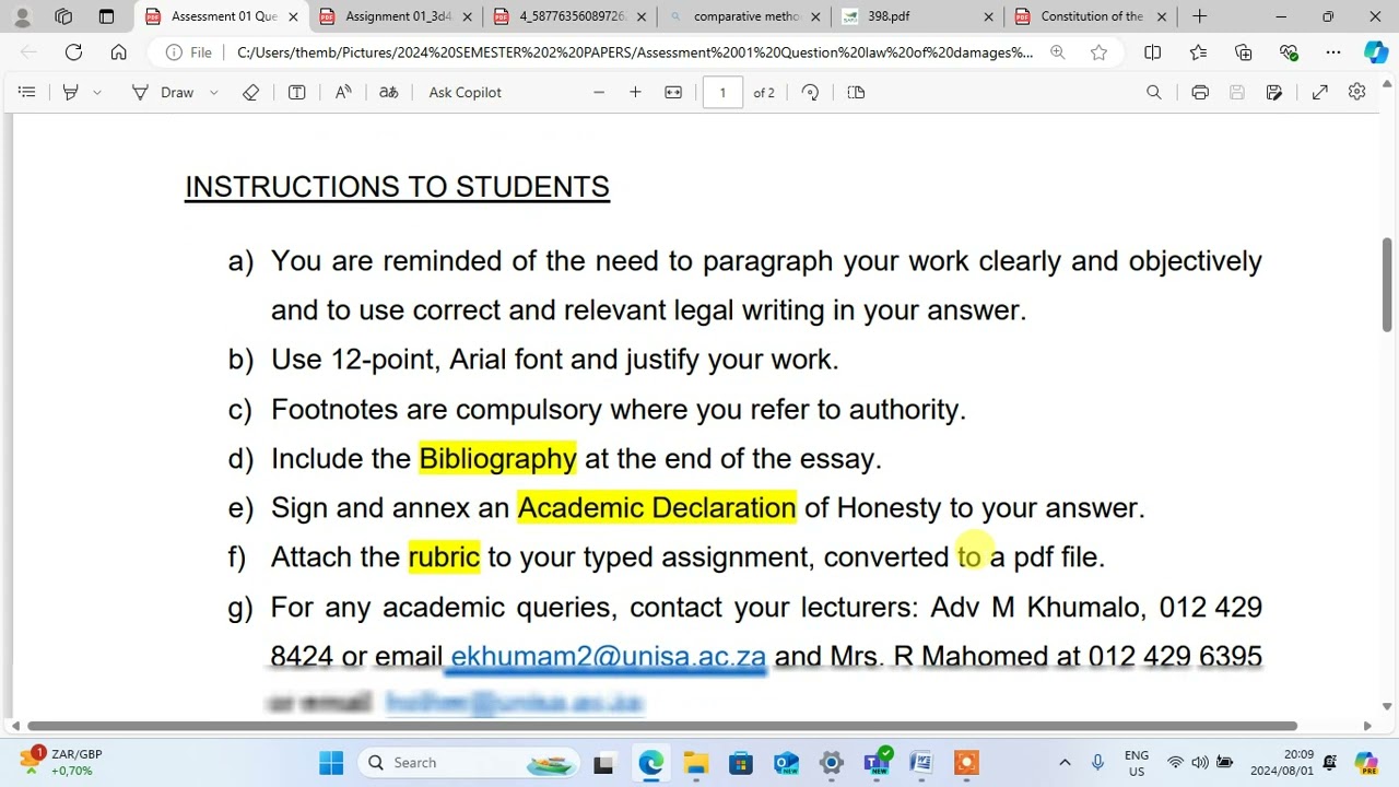 LPL4802 law of damages assignment 1 sem2 2024