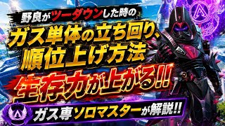 【順位上げ】ガス専ソロマスターの生存力が高いガスの立ち回り！！順位を上げてランクを盛ろう！ガスおじの対面力の強さ、近距離武器2丁持ち、野良が二人落ちた時の動き方など解説！【apex】