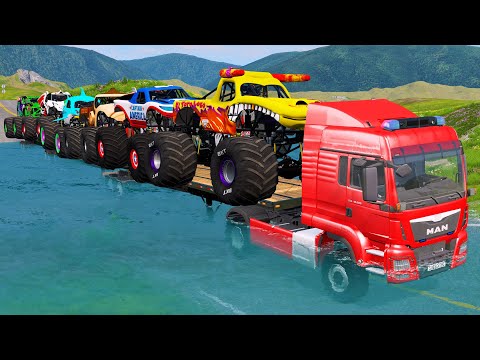Quad Flatbed Long Trailer Monster Trucks Transport Car Rescue - Cars vs Deep Water - BeamNG.drive 04