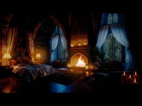 Nighttime Thunderstorm Haven - with Rain and Fireplace Sounds in this Cozy Castle Room